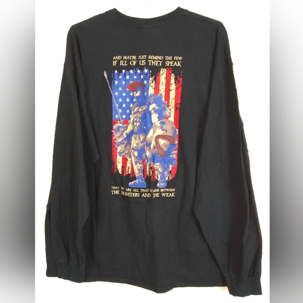 Gildan T-Shirt Men's 2XL Long Slv Crew Dbl-Side Graphic Warrior Black Cotton EUC